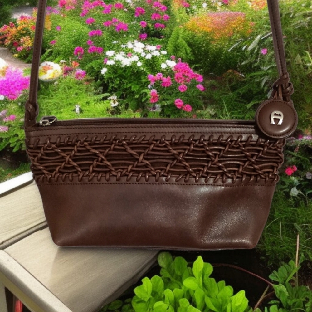 Etienne Aigner Braided Leather Crossbody Bag Woven Handbag Purse Brown Zipper